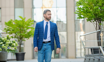 Wall Mural - Success of entrepreneur. Office manager man. Businessman walking in city. Businessman in suit. Mature businessman outdoor. Business boss man. Wall street success. Successful business