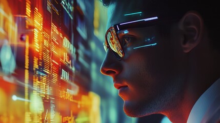 Poster - A businessman intensely focused on programming with futuristic holograms, coding, and financial graphs representing investment and trading research