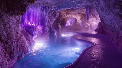 Wall Mural - purple cave with a stream of water flowing through it.