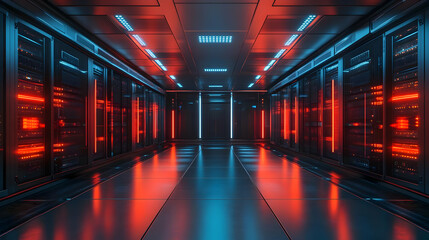 3D Render - Futuristic Server Room with Red and Blue Neon Lights