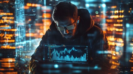 Poster - A focused man coding on a holographic screen, surrounded by data streams and trading charts, representing cybersecurity and research in a futuristic setting