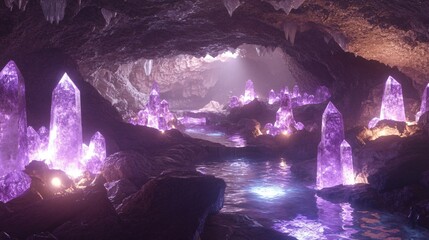Wall Mural - purple crystal formations in a mystical cave with glowing water.