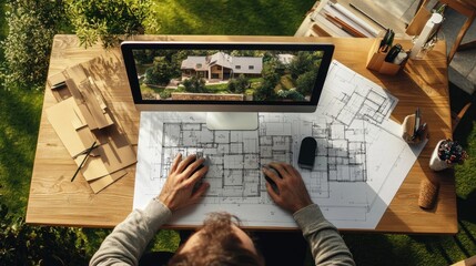 Poster - Architect designing house plans on a desktop computer, modern office setup with design tools and digital blueprints