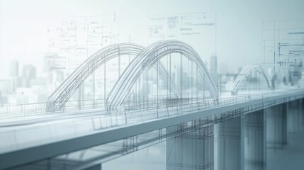 Poster - Architectural vision of a 3D model bridge project, with detailed blueprints and structural elements, showcasing modern engineering