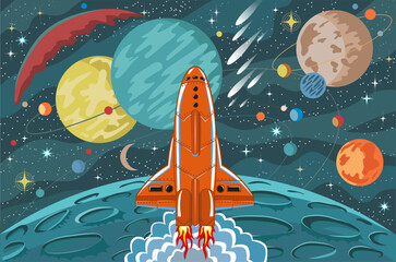 hand drawn colorful illustration with retro future space rocket, spacecraft, planets, stars and obje