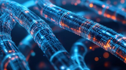 Poster - Close-up of network cables and optical fibers glowing with light, set against a futuristic blue background, representing internet connectivity