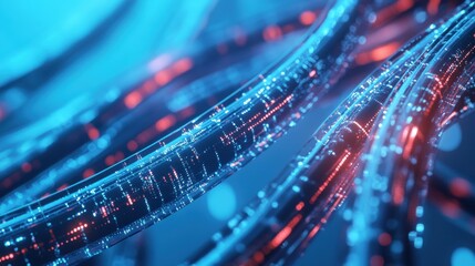 Poster - Close-up of network cables and optical fibers glowing with light, set against a futuristic blue background, representing internet connectivity