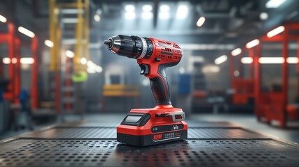 Cordless drill on a bright red metal base, showcasing the tool design and functionality in a professional industrial setting