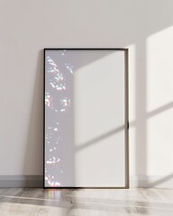 Aufkleber - Modern Minimalist Empty Frame Poster Mockup on Pastel Soft White Concrete Wall with Natural Light and Wooden Floor