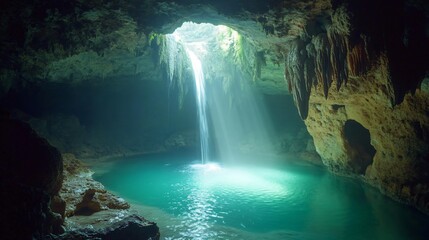 Wall Mural - sunbeams illuminate a hidden waterfall flowing into a turquoise pool within a dark cave.