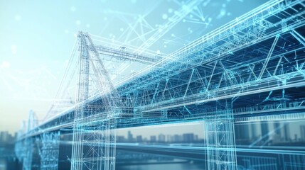 Poster - Digital architecture rendering of a bridge project, complete with blueprints and 3D model elements, representing modern infrastructure planning