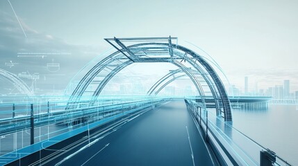 Poster - Digital architecture rendering of a bridge project, complete with blueprints and 3D model elements, representing modern infrastructure planning