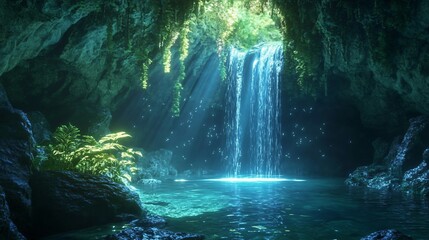 Wall Mural - sunbeams illuminate a waterfall flowing into a hidden cave pool.