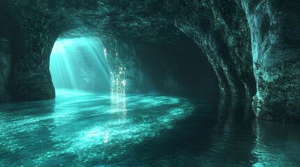 Wall Mural - sunbeams illuminate the surface of a still, turquoise lake in a dark cave.