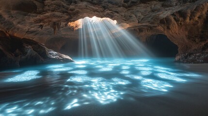 Wall Mural - sunlight beams through a cave opening illuminating the water below.
