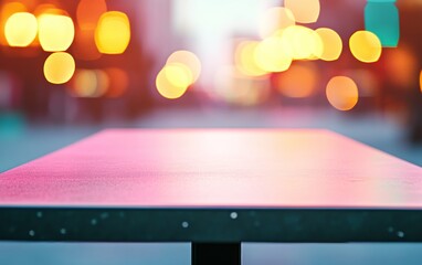 Aufkleber - Minimalistic Neon Pastel Pink Table Against Urban Bokeh Background for Product Display