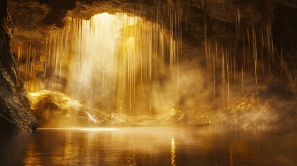 Wall Mural - sunlight shines through a cave opening, illuminating a waterfall and lake.