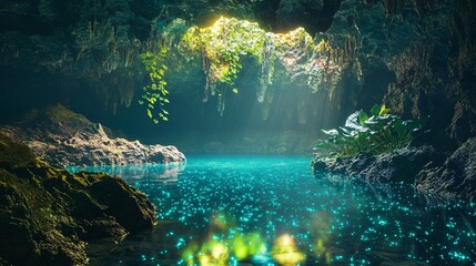 Wall Mural - sunlight shines through the opening of a cave and illuminates a crystal clear pool of water, with lu