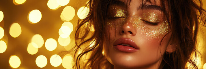 Wall Mural - A beautiful woman with gold glitter on her face, a golden background with bokeh lights, a banner for a beauty and makeup brand