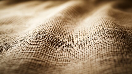 Poster - A close-up view of a textured burlap fabric, showcasing its natural fibers and earthy tones in soft lighting.
