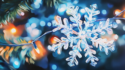 A close-up of a snowflake ornament hanging on a string of lights, creating a festive winter scene.