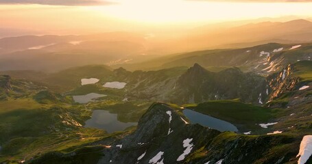 Wall Mural - bulgarian mountains and seven rila lakes sunrise aerial panorama, beautiful nature for tourism, hiki