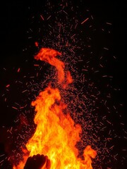 Fire flames with flying sparks background firestorm texture shot of flying fire sparks in the air sparks from bonfire over dark night backdrop Smoke Explosion Backdrop