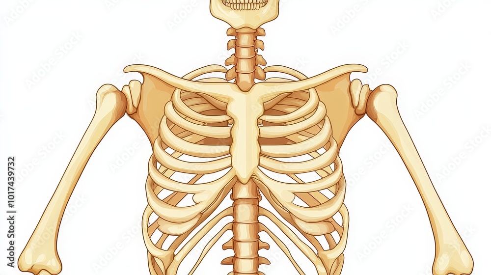 Illustration of a human skeleton showing rib cage and spine anatomy ...