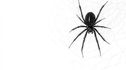 Black spider on web with detailed pattern on white background