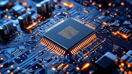 Poster - A close-up shot of a computer chip on a circuit board. The chip is the center of attention, surrounded by intricate circuits and glowing lights. The image represents technology, innovation, data proce