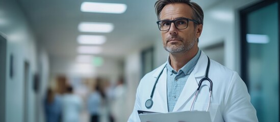 A serious male doctor in a white coat and stethoscope, standing in a hospital hallway with a medical chart in hand, looks at the camera.