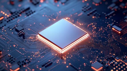 Poster - A close-up shot of an advanced microprocessor chip on a circuit board, showcasing its intricate design and the complex pathways of data flow.