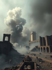 Panoramic view of the ruins in smoke on a dark background mockup for your logo wide angle horizontal wallpaper or web banner Smoke Explosion Backdrop