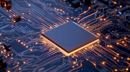 Poster - A close-up view of a computer chip on a circuit board with glowing pathways representing the flow of data and energy. This image symbolizes technological advancement, innovation, connectivity, and the