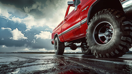 Poster - low angle view of a modern red pick-up truck on road