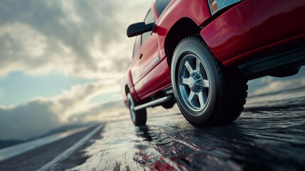 Poster - low angle view of a modern red pick-up truck on road