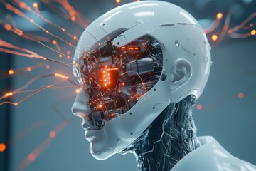 Poster - A digital  of an AI humanoid head, showcasing its intricate neural network connections, symbolizing intelligence, technology, the future of AI, and the merging of man and machine.