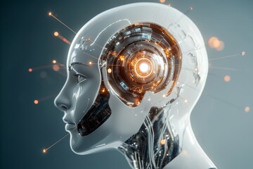 Poster - A digital  of an AI humanoid head with a glowing neural network, representing the power of artificial intelligence and its potential to revolutionize the world.