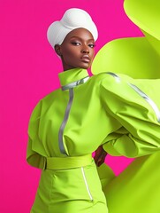 Poster - Bold Fashion Model in Vibrant Lime Green and Silver Outfit with Dynamic Pink Background