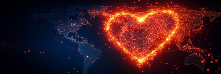 Poster - a glowing heart shape formed by lights on a world map, symbolizing global love, unity, and interconn