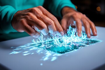 Aufkleber - Watercolor painting of a person interacting with a holographic display, with soft, flowing brushstrokes symbolizing the blending of technology and art in tomorrow's trends