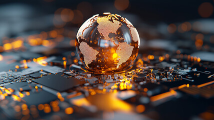Poster - digital globe with glowing continents sits atop circuit board, symbolizing technology and connectivity. warm orange tones evoke sense of innovation and progress