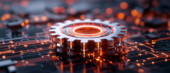 Aufkleber - futuristic gear surrounded by glowing circuits represents intersection of technology and innovation. This abstract rendering captures essence of economic policy driving technological advancement