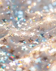 Aufkleber - Close-Up of Sparkling Star Sequins on Fabric in Natural Light, Whimsical and Magical Effect, Soft Focus