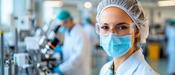 Poster - woman in cleanroom environment wears protective gear, including mask and goggles, while working on scientific process. atmosphere is focused and professional, highlighting importance of safety in