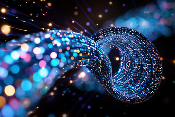 Poster - mesmerizing spiral of vibrant lights creates dynamic visual experience, showcasing blend of cool blue and colorful dots that evoke sense of motion and energy