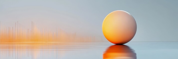 Poster - Abstract sphere resting on a reflective surface with a futuristic cityscape skyline and sunset in the background. The image symbolizes balance, harmony, and the beauty of the urban landscape.