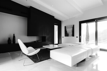 interior design concept. Living room with a minimalist black-and-white theme, featuring monochromatic decor, sleek lines, and a statement fireplace.