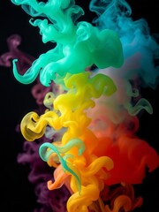 Vibrant colorful smoke, rainbow hues, swirling abstract forms, dark background, high contrast, dynamic fluid motion, ethereal wisps, vivid cyan and yellow, fiery red and orange, billowing clouds, mesm