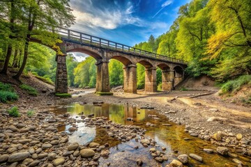 Ancient stone bridge crossing dry river in dense forest